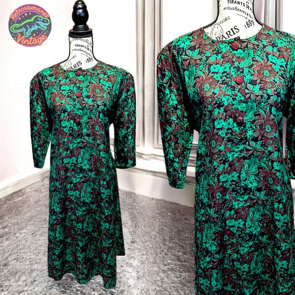Vintage Rockabilly Mod Retro Green Floral Day Swing Dress, Plus Size - Picture 1 of 7